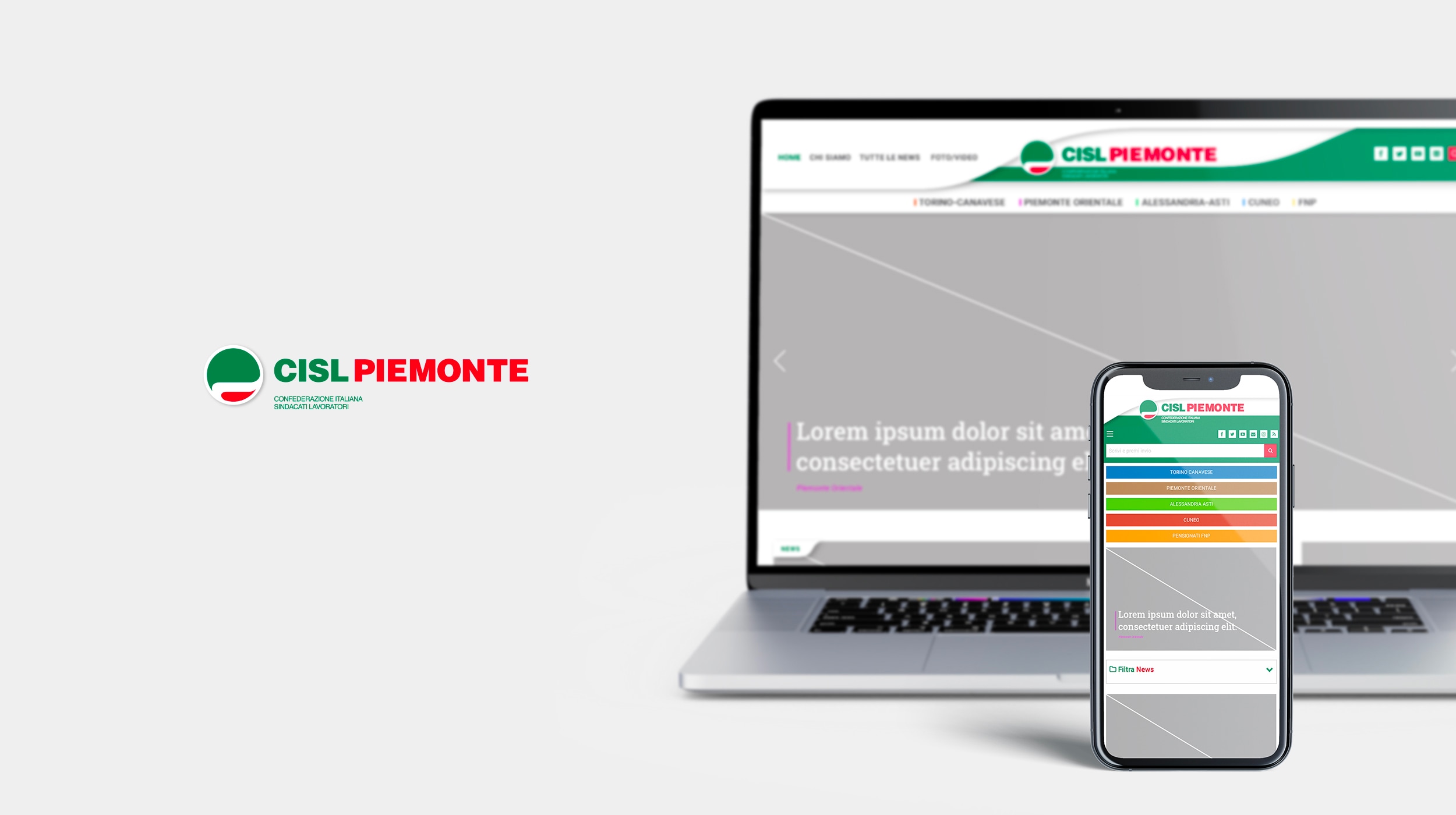 Schermata con computer e smartphone del sito web realizzato per CISL Piemonte da Fabio Bevilacqua